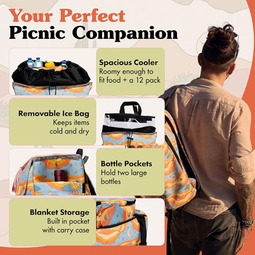 Lax & Daisy Travel Picnic Backpack for 2 Persons - 14 Piece Set Cooler Bags Insulated for Beach, Camping, Hiking & Parks with Blanket, Tumblers, Plates, Gold Cutlery & Cutting Board (Sun Moon Print) - color: Starry Seas