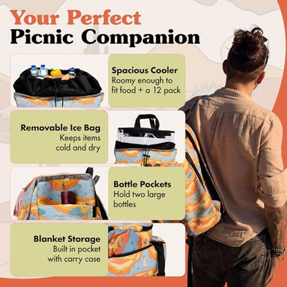 Lax & Daisy Travel Picnic Backpack for 2 Persons - 14 Piece Set Cooler Bags Insulated for Beach, Camping, Hiking & Parks with Blanket, Tumblers, Plates, Gold Cutlery & Cutting Board (Sun Moon Print) - color: Starry Seas