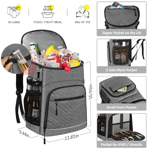 Cooler Backpack Insulated Leakproof Waterproof Backpack Cooler Bag 30/45 Cans, Large Capacity Lightweight Travel Camping Beach Backpack Cooler Ice Chest for Men and Women - color: gray, size: 45 Cans