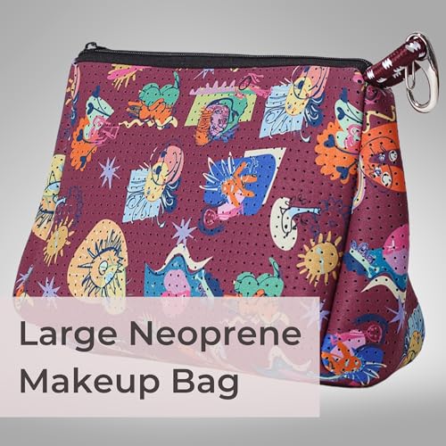 POPUPS Large Makeup Bag with Zipper - Waterproof Neoprene Cosmetic Bag 7.7 x 10.75 x 5 inches - color: Print Construyendo Futuros-Burgundy