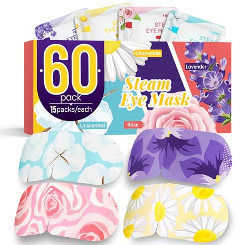 AROIC 60 Pack Steam Eye Masks Disposable, Heated Eye Mask Warm Compress for Eyes, Relaxation Mothers Day Gifts Self Care for Women, Spa Travel Essentials - Lavender, Unscented, Chamomile, Rose - size: 1 Count (Pack of 60)