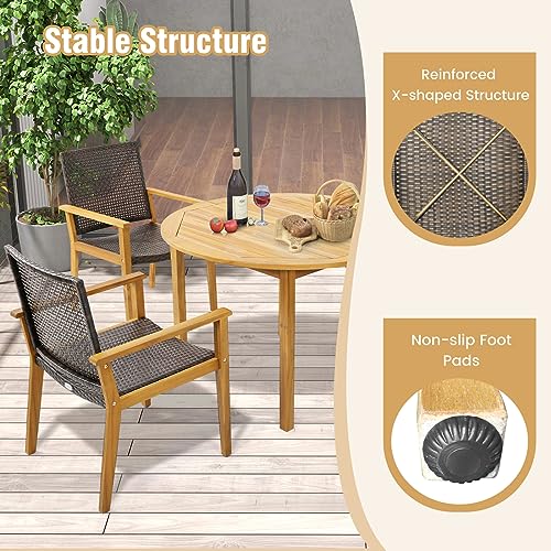 Tangkula 5 Pieces Patio Dining Set, 4 Patio Wicker Armchairs and Round Acacia Wood Dining Table, Outdoor Table and Chairs Set for Backyard, Poolside, Garden