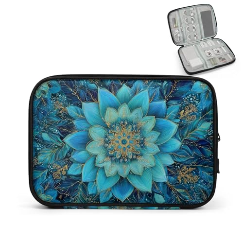 Cable Organizer Teal Mandala Flower Electronics Travel Organizer Case Tech Accessories Pouch Waterproof Cord Storage Bag for Power Bank Charger Phone Earphone - color: Teal