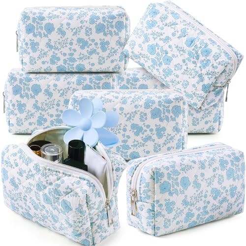 Paterr 6 Pcs Quilted Makeup Bag Bulk Floral Bow Cotton Cosmetic Bag Women Girls Gifts for Bridesmaids Wedding Birthday Coquette Aesthetic Cottagecore Travel Toiletry Pouch(Floral,Blue) - color: Blue, style: Floral