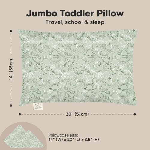KeaBabies Organic Toddler Pillow with Pillowcase, Jumbo 14X20 - Soft Cotton Toddler Pillows for Sleeping - Machine Washable - Perfect for Travel, Toddler Bed Set (DinoDood) - color: Dinodood