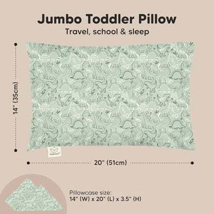 KeaBabies Organic Toddler Pillow with Pillowcase, Jumbo 14X20 - Soft Cotton Toddler Pillows for Sleeping - Machine Washable - Perfect for Travel, Toddler Bed Set (DinoDood) - color: Dinodood
