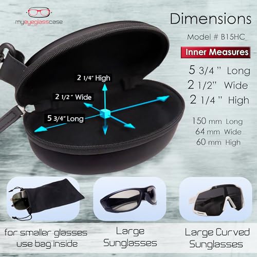 MyEyeglassCase Sports Sunglasses Case and Slim wallet Semi hard large glasses case w/belt clip soft pouch & cloth - color: B15hc Black/Black1