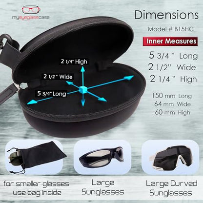 MyEyeglassCase Sports Sunglasses Case and Slim wallet Semi hard large glasses case w/belt clip soft pouch & cloth - color: B15hc Black/Black1