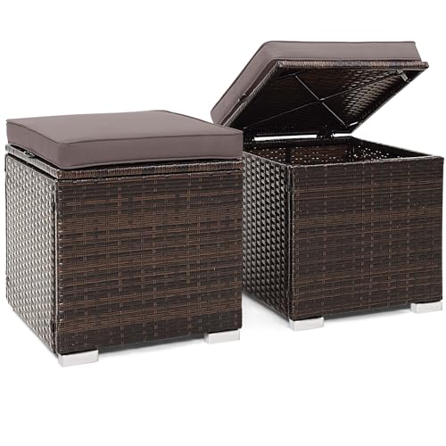 Tangkula 2 Pieces Patio Ottomans, Patiojoy Hand-Woven PE Rattan Side Table with Removable Cushion & Hidden Storage Space, Multifunctional Storage Box, Seats for Patio, Backyard, Poolside (Grey) - color: Grey, size: 16"D x 16"W x 15.5"H
