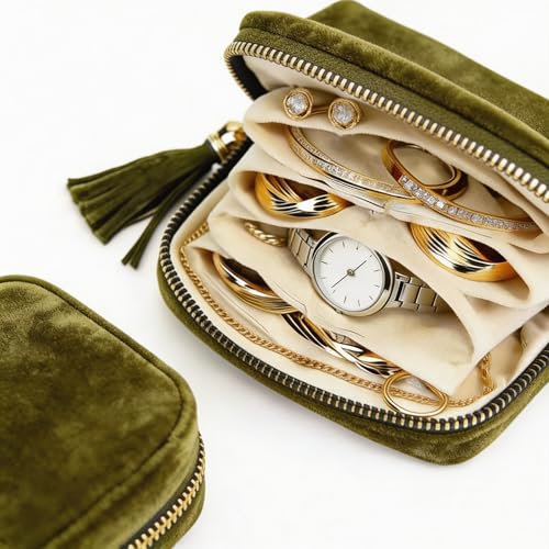 Small Travel Jewelry Case for Women, 6-Layer Velvet Organizer Pouch with Zipper, Anti-Scratch Portable Bag for Bracelets, Rings, Earrings & Necklaces (Olive Green) - color: Olive Green