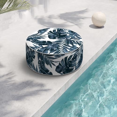 Indoor/Outdoor Inflatable Ottoman D21 x H9 inch, Round Footstool Inflatable Foot Rest Ottoman with Handle, Portable Ottomans Pouf for Patio, Garden, Camping, Home, Palm Blue - color: Palm Blue, size: 21"D x 21"W x 9"H
