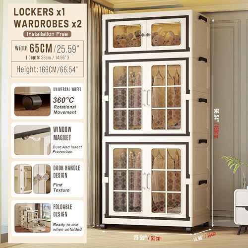SunSettler Plastic Collapsible Cabinet, Stackable Storage Bins with Lid, Large Closet Organizer with Wheels, Foldable Storage Cabinet for Home and Office - size: 1+2 Transparent
