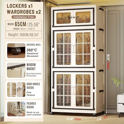 SunSettler Plastic Collapsible Cabinet, Stackable Storage Bins with Lid, Large Closet Organizer with Wheels, Foldable Storage Cabinet for Home and Office - size: 1+2 Transparent