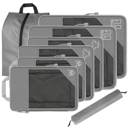 8 Set Compression Packing Cubes for Travel, Expandable Luggage Organizer with Shoe Bag & Laundry Bag - Lightweight Suitcase & Backpack Travel Essentials (Gray) - color: Gray