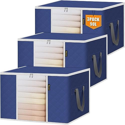 BALEINE 3 Pack Clothes Storage Bags, 24 Gallon Storage Containers with Reinforced Handle, Sturdy Zipper, Closet Organizer for Blanket, Comforter, Pillow, Bedding (Blue, 3 Pack) - color: Blue, size: 3 Pack-24 Gallon