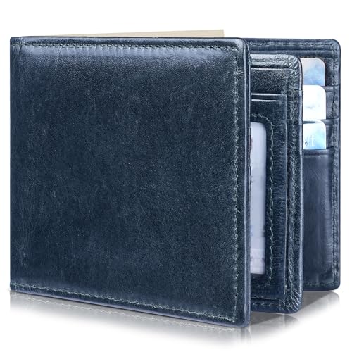 Artpaxy Mens Wallet Bifold Genuine Leather RFID Blocking Wallet for Men with 1 ID Windows 13 Card Holders 2 cash pockets 1 Gift Box - color: Navy Blue