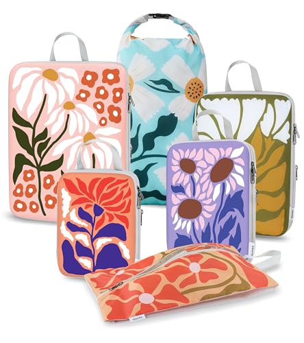 Gonex Compression Packing Cubes, 6pcs Expandable Storage Travel Luggage Bags Organizers with Shoe Bag Laundry Bag, Travel Cubes for Suitcase Carry On (Flowers) - color: Flowers, size: 6 Set