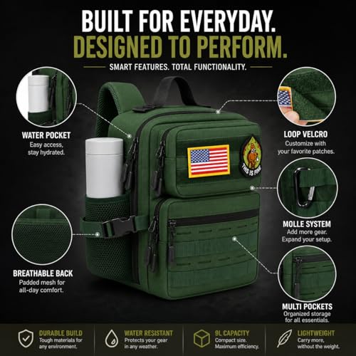 9L Mini Tactical Backpack for Men Women,Small Military Tactical Backpack for Sport,Gym,Hiking,Travel,Camping (Army Green) - color: Army Green