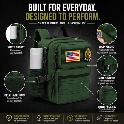 9L Mini Tactical Backpack for Men Women,Small Military Tactical Backpack for Sport,Gym,Hiking,Travel,Camping (Army Green) - color: Army Green