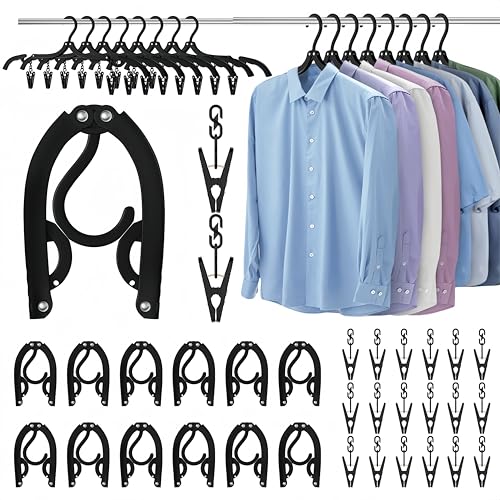 12Pcs Portable Travel Hangers for Cruise Ship Essentials 2026 with 24 Clips, Plastic Folding Foldable Hangers Clothes Drying Rack Travel Accessories for Suitcase, RV, Camping, Road Trip (Black) - color: dark black