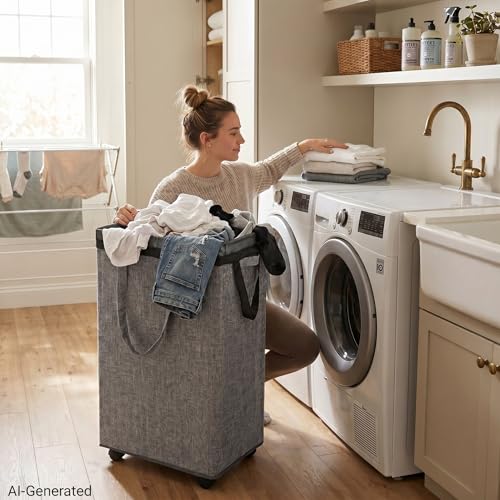 DOKEHOM 90L X-Large Laundry Basket with Removable Wash Bag on Wheels, Collapsible Rolling Laundry Hamper, Foldable Clothes Organizer, Folding Washing Bin (Linen Grey) - color: Linen Grey, size: X-Large Pro 29"