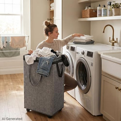 DOKEHOM 90L X-Large Laundry Basket with Removable Wash Bag on Wheels, Collapsible Rolling Laundry Hamper, Foldable Clothes Organizer, Folding Washing Bin (Linen Grey) - color: Linen Grey, size: X-Large Pro 29"