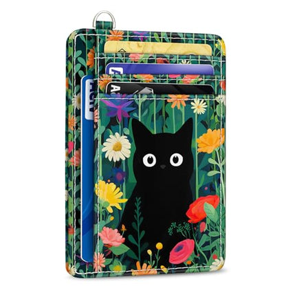 Yonlevres Black Cat Credit Card Holder Slim Wallet, Floral RFID Wallet Women Front Pocket Small Card Holder, Travel Funny Cute Thin Card Case ID Window PU Leather RFID Blocking Card Organizer Girls - color: Cat Flower Green