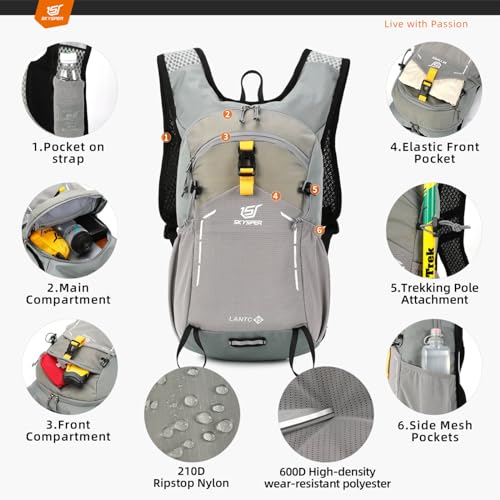 SKYSPER Small Hiking Backpack - 15L Travel Daypack Lightweight Bag Water Resistant Hiking Backpacks for Women Men - color: Lightgray, size: Small