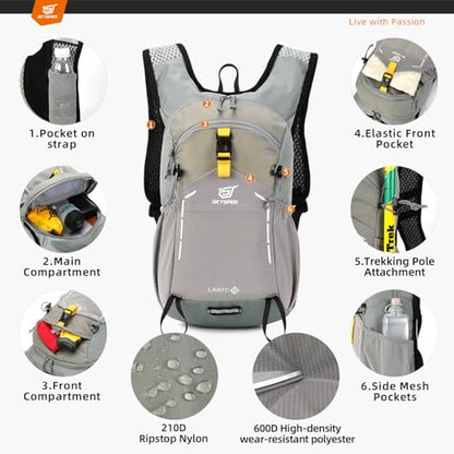 SKYSPER Small Hiking Backpack - 15L Travel Daypack Lightweight Bag Water Resistant Hiking Backpacks for Women Men - color: Lightgray, size: Small