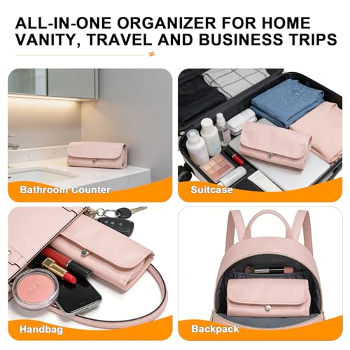 Folding Makeup Brush Bag,Travel Toiletry Bag with Separate Brush Compartment for Brushes & Skincare, Toothbrush Holder,Rollup & Open Flat cosmetic Organizer,Portable Waterproof &Hanging (Pink) - color: Pink