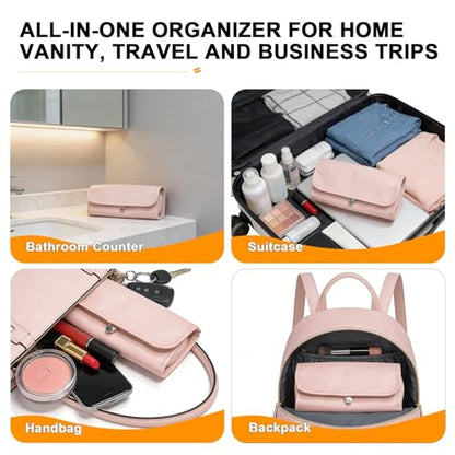 Folding Makeup Brush Bag,Travel Toiletry Bag with Separate Brush Compartment for Brushes & Skincare, Toothbrush Holder,Rollup & Open Flat cosmetic Organizer,Portable Waterproof &Hanging (Pink) - color: Pink