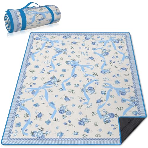 Floral Picnic Blankets Waterproof Foldable, 60″X80″ Packable Picnic Mat Cute Bow Outdoor Blanket for Grass,Large Beach Blanket Sandproof Picnic Accessories for Camping Music Festival Party Park Travel - color: C03, size: 5' X 6'8" (Rectangular)