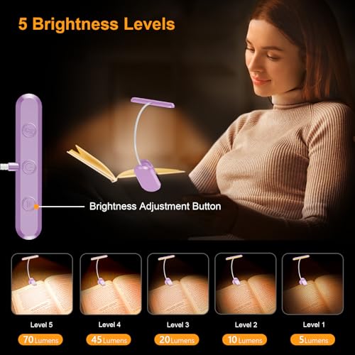 Gritin Rechargeable Book Light for Reading in Bed with 19 LED &Memory Function-Eye Caring 3 Color Temperatures,5 Brightness Levels,90 Hrs Runtime Flexible Goose Neck Clip on Light-Purple - color: Purple