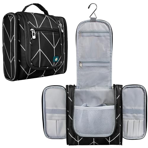 PAVILIA Toiletry Bag Travel Bag for Women Men, Hanging Cosmetic Organizer, Water Resistant Makeup Bag for Accessories Toiletries, Large Travel Essentials Kit (Black Chevron) - color: Black Chevron, size: Standard (9x4x9)