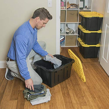 CX BLACK & YELLOW 12-Gallon Heavy Duty Storage Bins with Lids, Stackable Plastic Storage Bins, Dorm Room Essentials, Back to School, Classroom Organization, Home Organization, 4 Pack (12.51H x 16.3W x 21.8D) - size: 12 Gallon