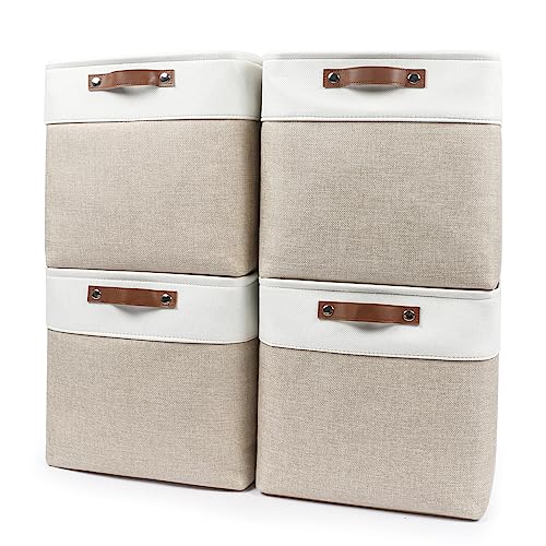 Bagnizer 13x13 Cube Storage Bins, Collapsible Fabric Storage Box, 4 Pack Closet Baskets with Handles for Organizing, Shelf, Toys, Clothes, Home, Office, Nursery (Beige&White) - color: Beige / Off-White, size: Cube - 13"x13"x13"