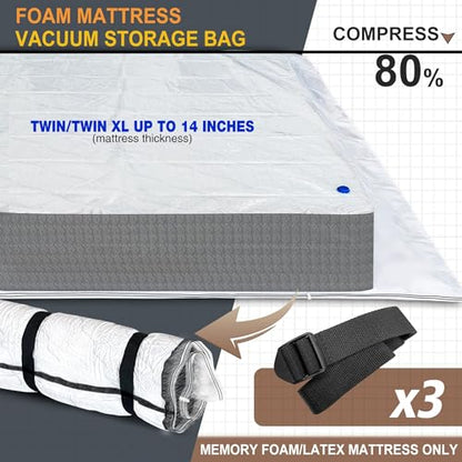 Twin Size Mattress Vacuum Bag for Memory Foam/Latex Mattress Upto 14 Inch, Moving Shipping and Storage, Waterproof and Airtight with 3 Adjustable Straps - size: TWIN XL / TWIN
