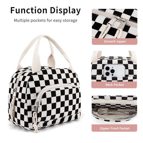 Lunch Bag Women Lunch Box for Women Adult Cute Insulated Lunch Bag Small Cooler Lunch Tote Bags for Work Picnic Travel (Black-White Plaid) - color: Black-White Plaid