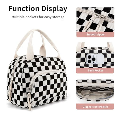 Lunch Bag Women Lunch Box for Women Adult Cute Insulated Lunch Bag Small Cooler Lunch Tote Bags for Work Picnic Travel (Black-White Plaid) - color: Black-White Plaid