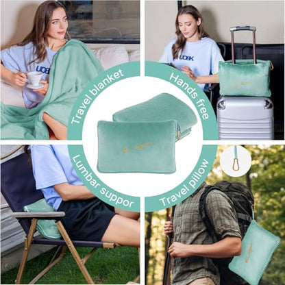 Travel Blanket & Pillow Set, 300 GSM Soft Fleece, 60x43 Inches, 3-in-1 Airplane Blanket, Travel Pillow and Blanket Set, Travel Blanket Airplane Compact with Bag, Travel Essentials,Mint Green - color: Mint Green-1