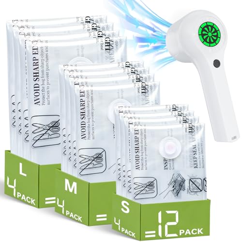 12 Pack Vacuum Seal Bags with Rechargeable Wireless Pump Set, Space Saver Bags Compression Packing Bag for Travel Clothing Clothes - size: 12 Bags + Cordless Pump