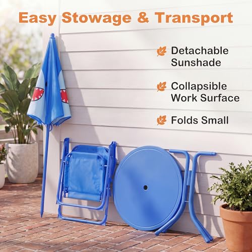 HONEY JOY Kids Picnic Table, Animal Themed Toddler Outdoor Table and Chair Set, 2 Folding Chairs & Removable Umbrella, Children Outdoor Furniture for Backyard Patio Garden (Navy Shark) - color: Navy Shark