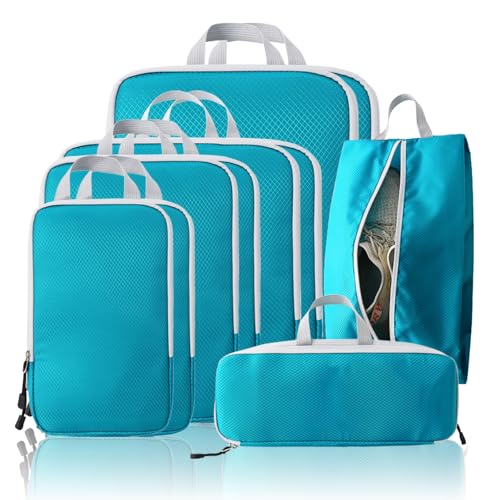 Compression Packing Cubes, 10 Set Packing Cubes for Travel Compression, Lightweight Compressible Package Organizer for Carry On and Suitcases, DustyBlue and Grey - color: DustyBlue and Grey, size: 10 Set