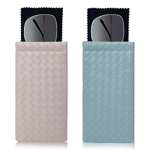 Squeeze Top Sunglass Pouch - Portable Sunglass Organizer Pouch Bags Soft PU Leather Glasses 2 Pack - color: Blue Gray + Lght Purple