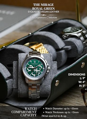 Watch Cases for Men – Travel Watch Roll Case – 3 Watch Travel Case Holder Organizer and Display - Royal Green Vegan Leather - color: Royal Green 3-watch case