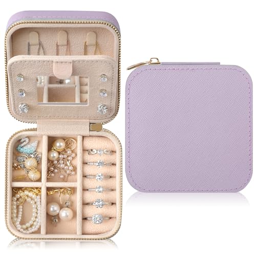 Genuine Leather Travel Jewelry Case Organizer with Mirror for Women, Small Jewelry Box Portable Mini Jewelry Case for Earring, Ring, Necklace, Bracelet(Lilac) - color: Saffiano Leather Lilac