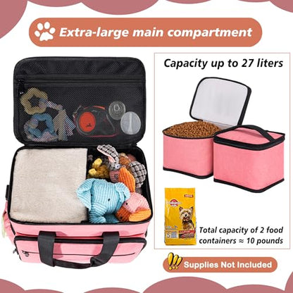 5 Set Dog Travel Bag for Supplies, Dog Lovers, Large Pet Travel Kit Includes 2 Food Containers, 2 Collapsible Bowls, Pink - color: Flamingo Tourmaline