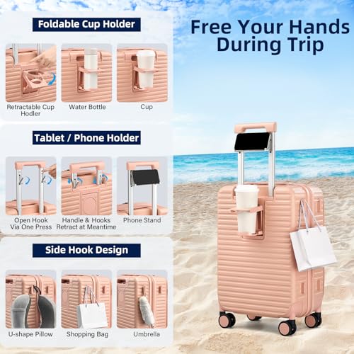 HanTrip 20 Inch Carry on Luggage 22x14x9 Airline Approved Hard Shell Suitcases with Wheels, Top Opening Expandable Carry on Luggage with Cup Holder Small Rolling Suitcase with Lock, Pink - color: Pink, size: Expandable 20 Inch