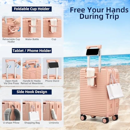 HanTrip 20 Inch Carry on Luggage 22x14x9 Airline Approved Hard Shell Suitcases with Wheels, Top Opening Expandable Carry on Luggage with Cup Holder Small Rolling Suitcase with Lock, Pink - color: Pink, size: Expandable 20 Inch