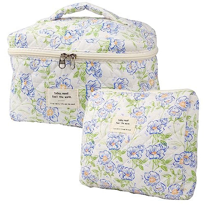 NATINSA Cute Makeup Bag for Women(2 Pcs), Travel Cosmetic Bags, Quilted Coquette Aesthetic Floral Toiletry Organizer Bag (Blue Flower) - color: Blue Flower